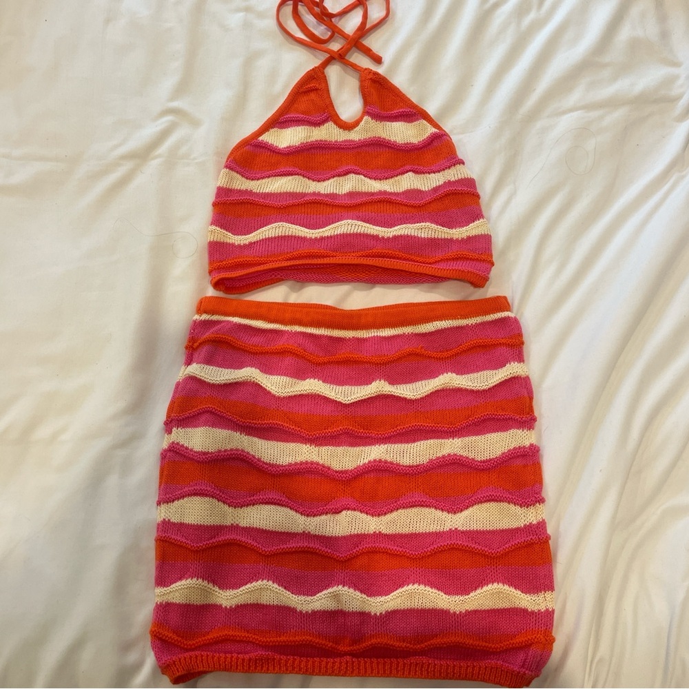 Vibrant Pink and Orange Knit Halter Top and Skirt Set
